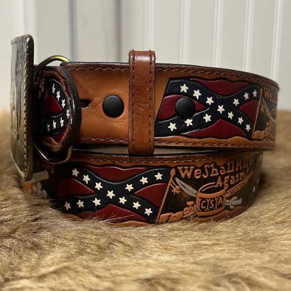 80s Rebel Confederate Flag Civil War Belt & Buckle 34 Vintage Western - Picture 3 of 8
